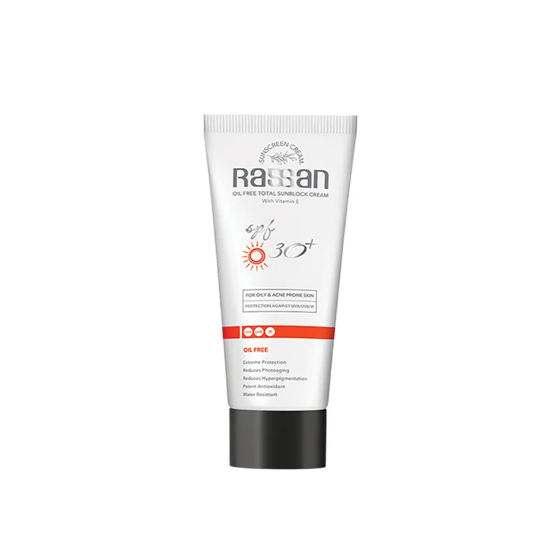 کرم ضد آفتاب بی‌رنگ صورت راسن SPF 30مدل ویتامین E محافظ در برابر UVA/UVB ‌مناسب برای پوست چرب حجم 40 میلی‌لیتر