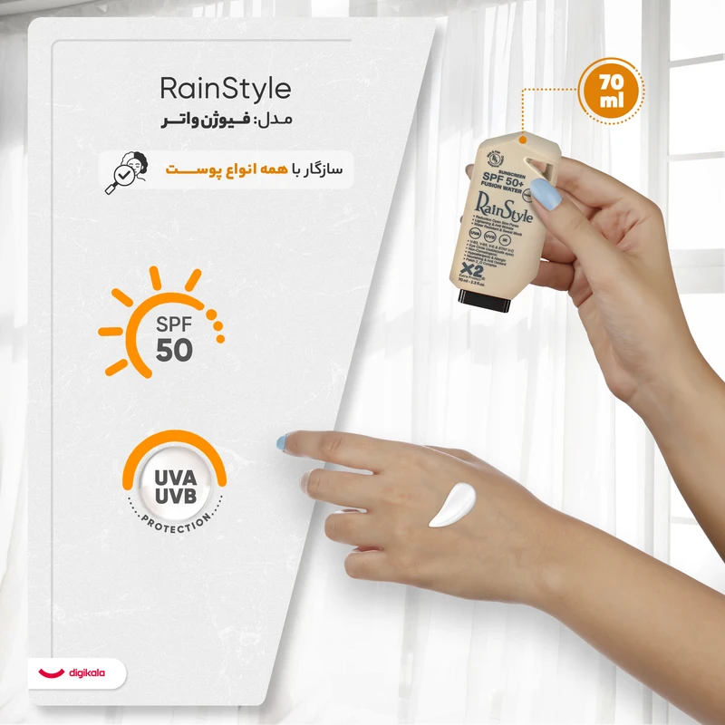 کرم ضدآفتاب بی‌رنگ رین استایل، SPF50، مدل فیوژن واتر، مناسب انواع پوست با حجم 70 میلی‌لیتر، ضد آب، محافظت‌کننده در برابر اشعه‌های UVA و UVB، ضد حساسیت، غیر کومدون‌زا و فاقد پارابن، - نمای 3