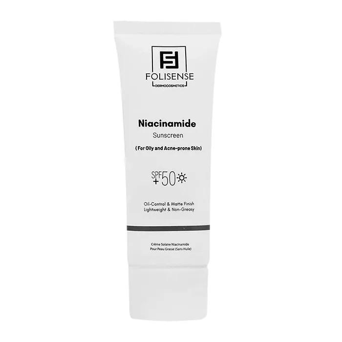 فلوئید ضد آفتاب بی‌رنگ صورت فولیسنس SPF 50 مدل نیاسینامید محافظ در برابر UVA/UVB ‌مناسب برای پوست چرب، مختلط، آکنه‌دار حجم 40 میلی‌لیتر