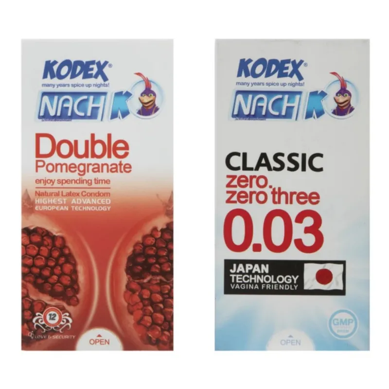 کاندوم کلاسیک ناچ کدکس مدل 0.03 بسته 10 عددی به همراه کاندوم تنگ کننده ناچ کدکس مدل DOUBLE POMEGRANATE بسته 12 عددی