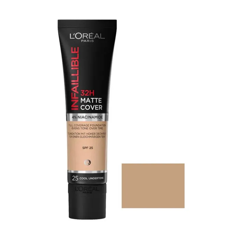 کرم پودر مایع Spf 25 لورآل مدل Matte Cover 32H شماره 25 مناسب برای انواع پوست حجم 30 میلی‌ لیتر - تصویر 2
