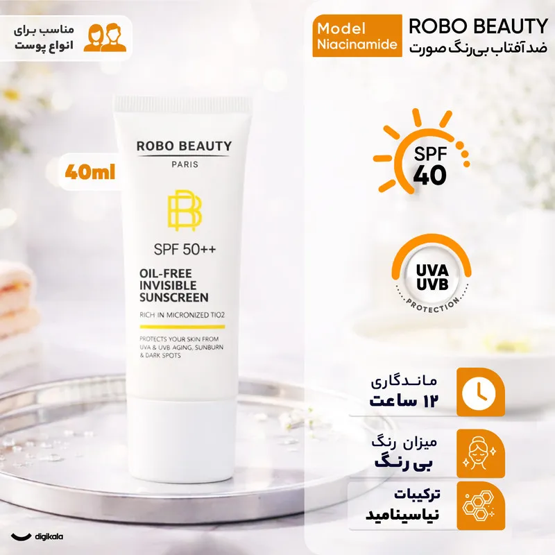 کرم ضد آفتاب بی‌رنگ صورت روبو بیوتی SPF 50 مدل Niacinamide محافظ UVA،UVB مناسب برای انواع پوست حجم 40 میلی لیتر - تصویر 2