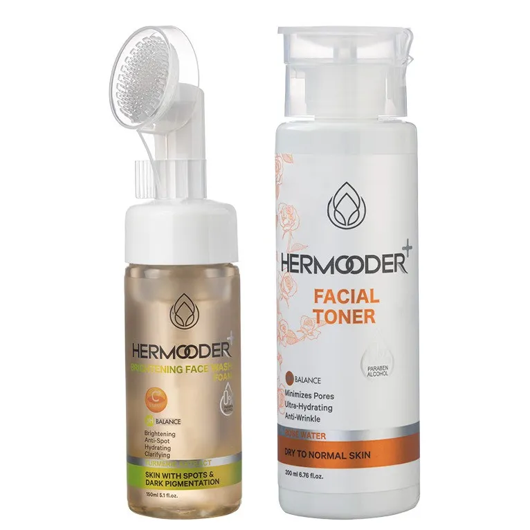 تونر صورت هرمودر مدل Rose Water مناسب پوست خشک تا نرمال حجم 200 میلی لیتر به همراه فوم شستشو مدل روشن کننده ( ویتامین C) مناسب برای انواع پوست حجم 150 میلی لیتر - تصویر 2
