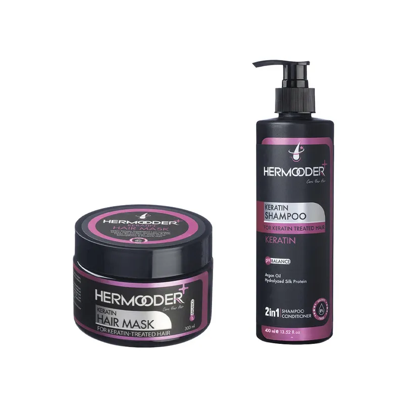 شامپو مو هرمودر مدل Keratin مناسب برای مو کراتین شده حجم 400 میلی لیتر به همراه ماسک مو هرمودر مدل Keratin مناسب برای مو کراتین شده حجم 300 میلی لیتر
