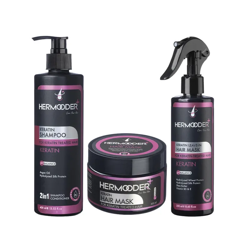 شامپو مو هرمودر مدل Keratin مناسب برای مو کراتین شده حجم 400 میلی لیتر به همراه ماسک مو هرمودر مدل Keratin حجم 300 میلی لیتر و ماسک مو هرمودر مدل Keratin حجم 250 میلی لیتر