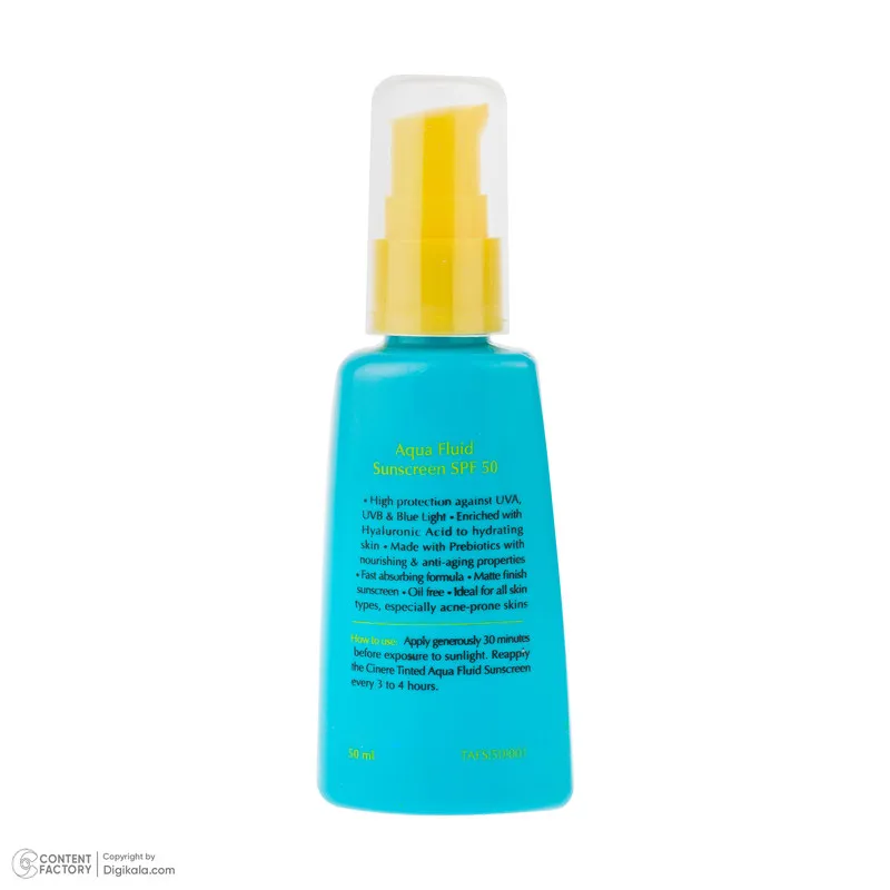 فلوئید ضد آفتاب رنگی بژ طبیعی صورت سینره SPF 50 مدل AQUA ‌محافظ UVA ،UVB و ++++PA مناسب برای انواع پوست حجم 50 میلی‌لیتر - تصویر 4