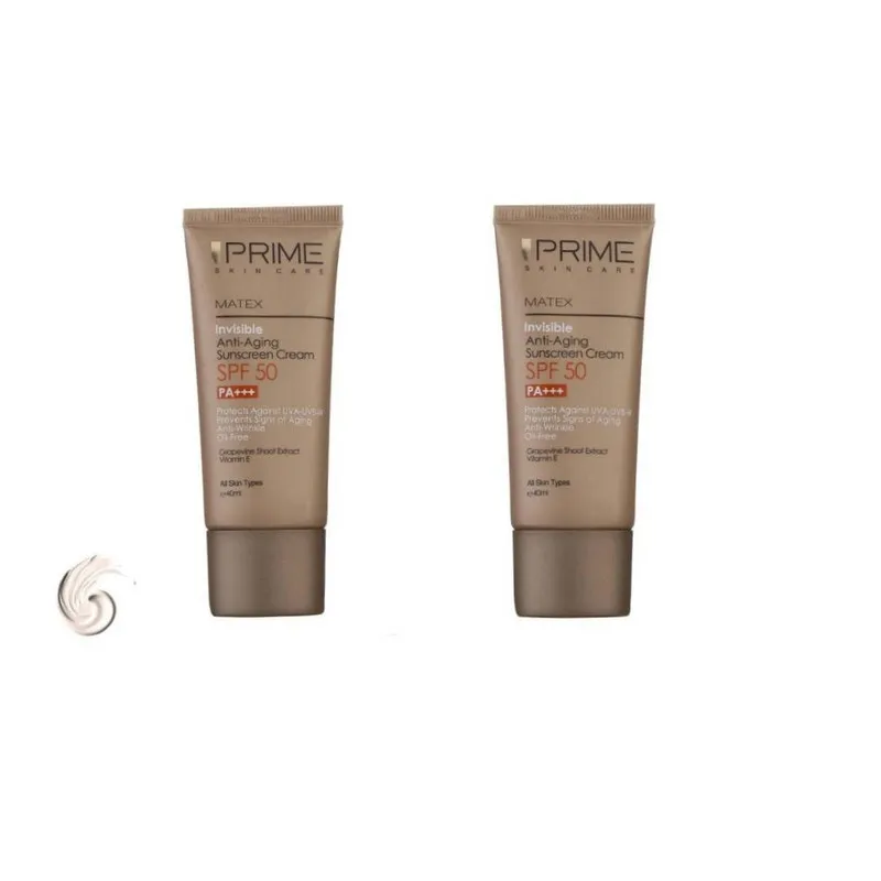 کرم ضد آفتاب بدون رنگ پرایم SPF 50 مدل aging ‌محافظ UVA ،UVB و PA+++ مناسب برای انواع پوست‌ حجم 40 میلی لیتر بسته دو عددی