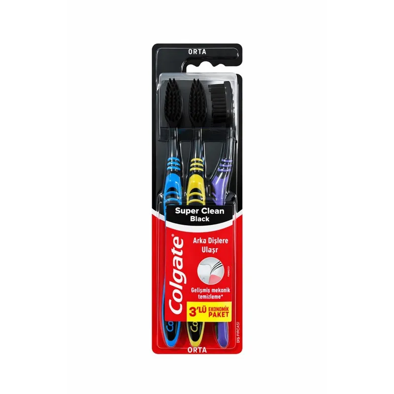 مسواک کلگیت مدل Super Clean Black با برس متوسط بسته 3 عددی - تصویر 2