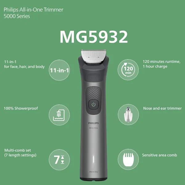ست ماشین اصلاح موی صورت و بدن شارژی فیلیپس مدل MG5932/15 - تصویر 5