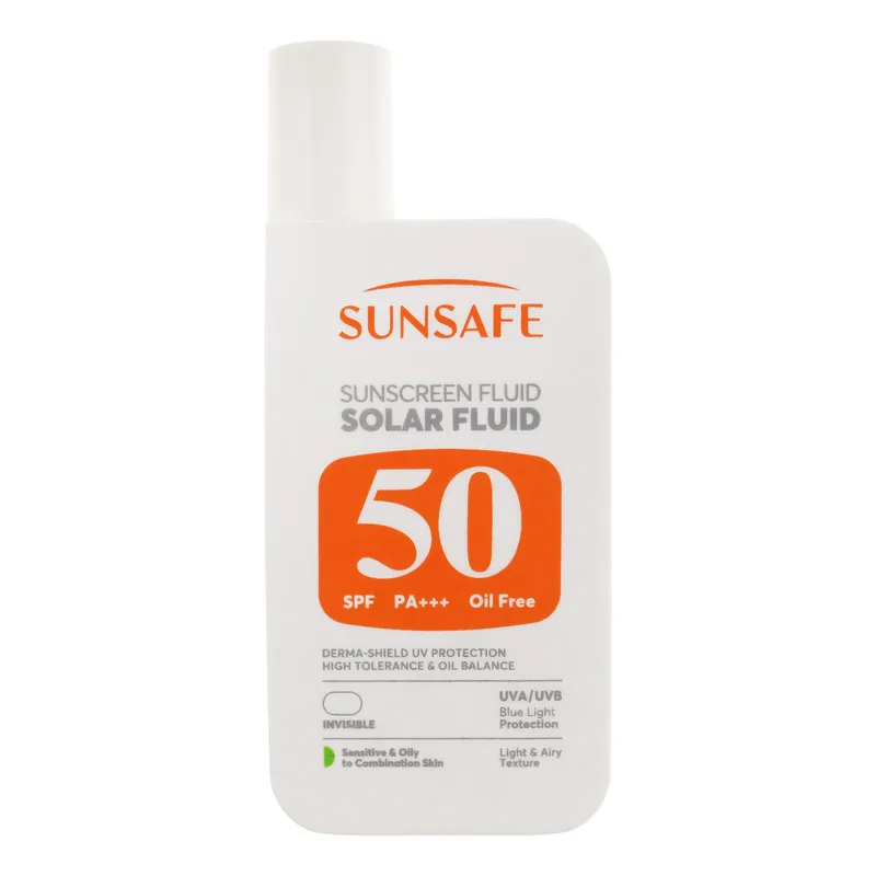فلوئید ضد آفتاب بیرنگ صورت و بدن سان سیف SPF 50 مدل Solar محافظ در برابر اشعه UVA و UVB مناسب برای پوست حساس و چرب حجم 50 میلیلیتر