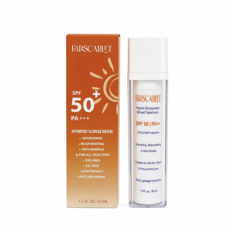 کرم ضد آفتاب بی رنگ فارسکارلت SPF 50 مدل hibrid محافظ UVA , UVB مناسب برای انواع پوست حجم 50 میلی لیتر 