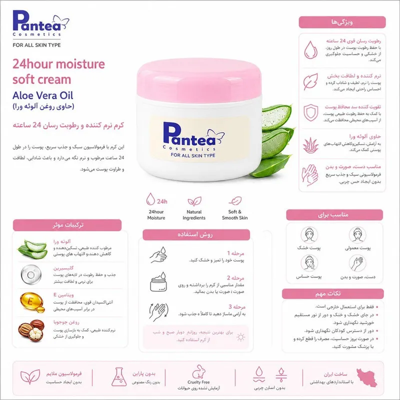 کرم مرطوب‌کننده بدن، دست، صورت پانته آ مدل آلوئه ورا مناسب برای انواع پوست حجم 200 میلی‌لیتر - تصویر 2