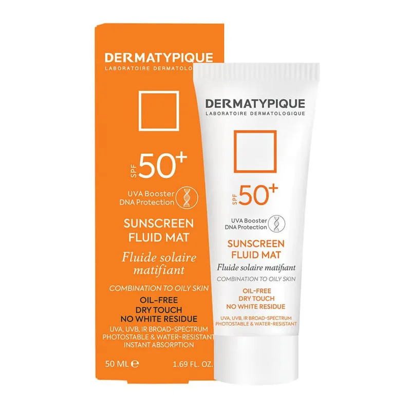 فلوئید ضد آفتاب بی‌رنگ صورت درماتیپیک SPF50 مدل FLUID MAT محافظ در برابر UVA,UVB مناسب برای پوست چرب حجم  50 میلی لیتر
