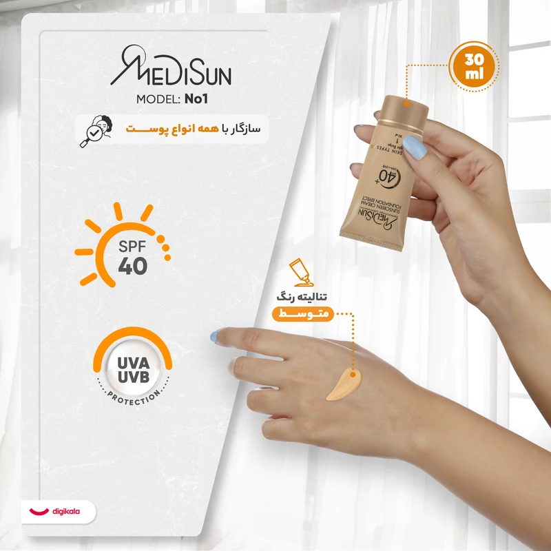 کرم ضد آفتاب رنگی مدیسان، SPF 40، مدل No1، مناسب انواع پوست با تنالیته متوسط و حجم 30 میلی‌لیتر، محافظت‌کننده در برابر اشعه‌های UVA و UVB، ضد چروک و پیری، دارای فرمولاسیون تیتانیوم - نمای 3