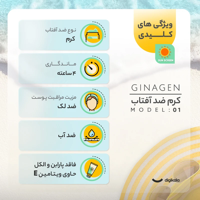 کرم ضد آفتاب رنگی ژیناژن، SPF 50، مدل 01، ‌مناسب پوست‌های خشک و نرمال با تنالیته متوسط و حجم 50 میلی‌لیتر، ضد آب، فاقد پارابن، محافظت‌کننده در برابر اشعه‌های UVA و UVB، ارای فرمولا - نمای 4