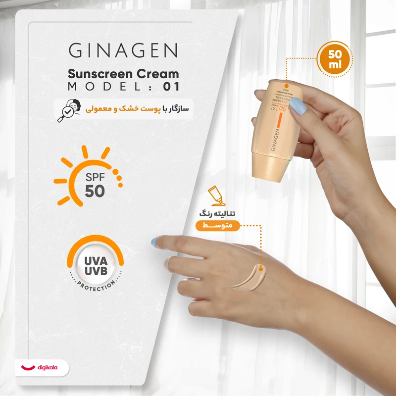 کرم ضد آفتاب رنگی ژیناژن، SPF 50، مدل 01، ‌مناسب پوست‌های خشک و نرمال با تنالیته متوسط و حجم 50 میلی‌لیتر، ضد آب، فاقد پارابن، محافظت‌کننده در برابر اشعه‌های UVA و UVB، ارای فرمولا - نمای 5