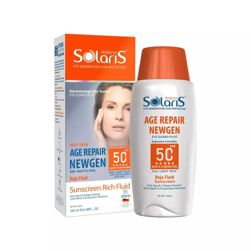 لوسیون ضد آفتاب بی‌رنگ آردن سولاریس، SPF 50، مدل Age Repair Newgen، مناسب انواع پوست با حجم 100 میلی لیتر، ضد آب و محافظت‌کننده در برابر اشعه‌های PA++++ ،UVA ،UVB، ضد پیری، دارای ف - نمای 1