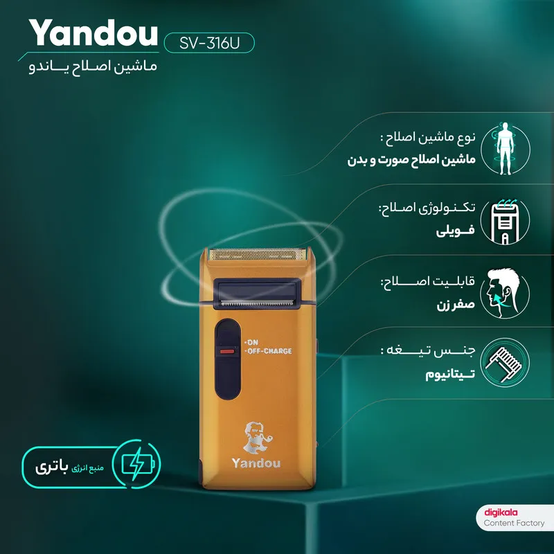 ماشین اصلاح موی صورت یاندو مدل SV-316U با تیغه تیتانیوم، باتری لیتیوم یونی قابل شارژ، استفاده بیسیم تا 30 دقیقه، بدنه ضد آب و طراحی جمعوجور مناسب مسافرت و خط زن مخفی - تصویر 4