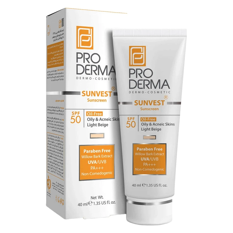 کرم ضد آفتاب رنگی پرودرما، SPF 50، مدل 50 Sunvest، مناسب پوست‌‌های آکنه‌دار و چرب با تنالیته روشن و حجم 40 میلی‌لیتر، محافظت‌کننده در برابر اشعه‌های UVA و UVB، غیر کومدون‌زا و فاقد - نمای 1