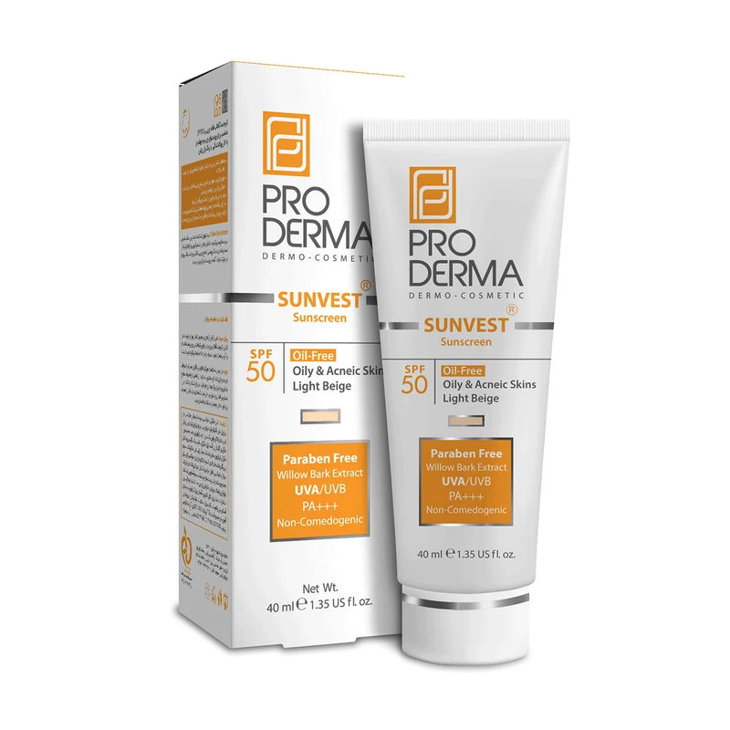 کرم ضد آفتاب رنگی پرودرما، SPF 50، مدل 50 Sunvest، مناسب پوست‌‌های آکنه‌دار و چرب با تنالیته روشن و حجم 40 میلی‌لیتر، محافظت‌کننده در برابر اشعه‌های UVA و UVB، غیر کومدون‌زا و فاقد - نمای 2
