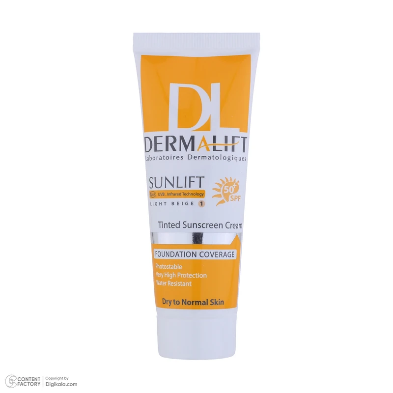 کرم ضد آفتاب رنگی درمالیفت، SPF50، مدل سانلیفت، مناسب پوست خشک و معمولی تنالیته رنگ روشن و حجم 40 میلی‌لیتر، محافظت کننده در برابر اشعه UVA، UVB و IR، مقاوم در برابر آب، دارای فرمو - نمای 4