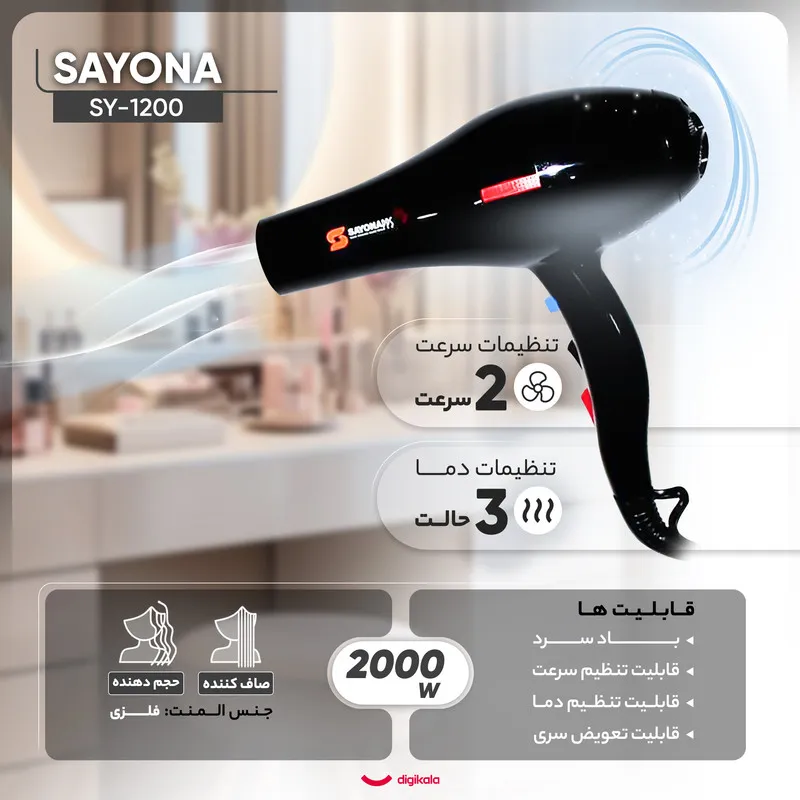 سشوار حرفه‌ای 2000 وات سایونا مدل SY-1200، موتور AC، وزن 1100 گرم، المنت فلز، دارای سری متمرکز‌کننده باریک، متمرکز‌کننده پهن با ویژگی صاف‌کنندگی، حجم‌دهندگی، با قابلیت باد سرد - تصویر 4