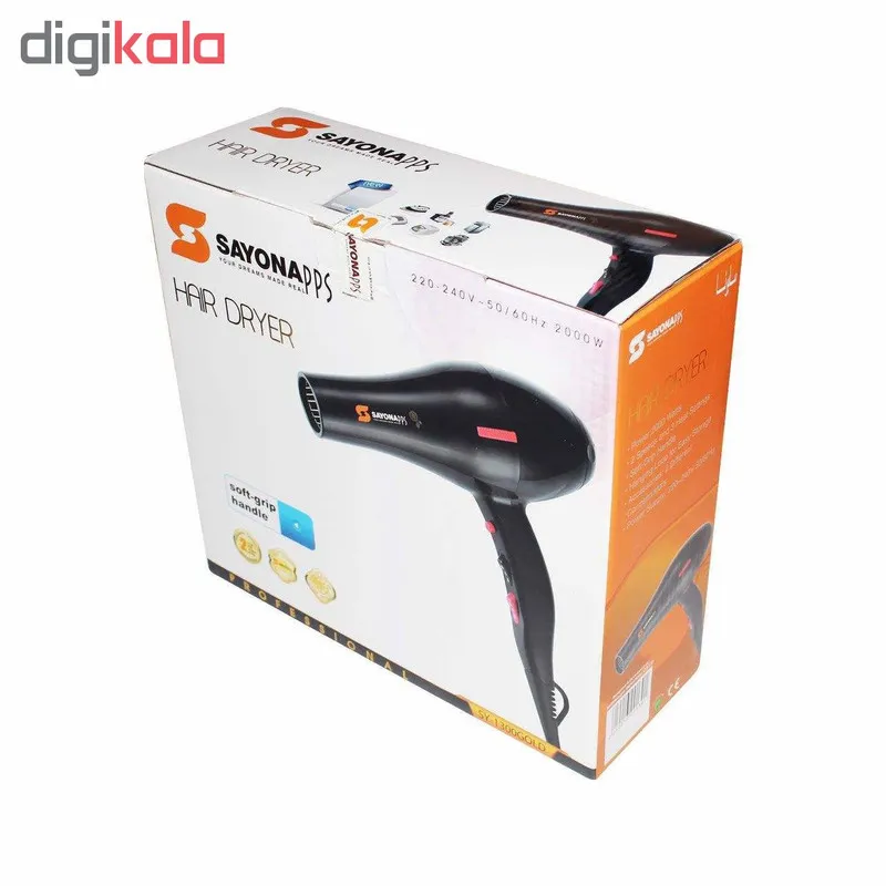 سشوار حرفه‌ای 2000 وات سایونا مدل SY-1200، موتور AC، وزن 1100 گرم، المنت فلز، دارای سری متمرکز‌کننده باریک، متمرکز‌کننده پهن با ویژگی صاف‌کنندگی، حجم‌دهندگی، با قابلیت باد سرد - تصویر 6