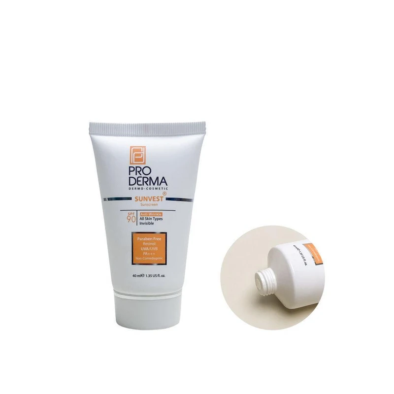 کرم ضد آفتاب رنگی پرودرما، SPF 90، مدل 90 Sunvest، مناسب انواع پوست  با تنالیته متوسط و حجم 40 میلی لیتر، ضدآب، فاقد پارابن، محافظت‌کننده در برابر  اشعه‌های UVA و UVB و غیر کومدون‌ - نمای 1