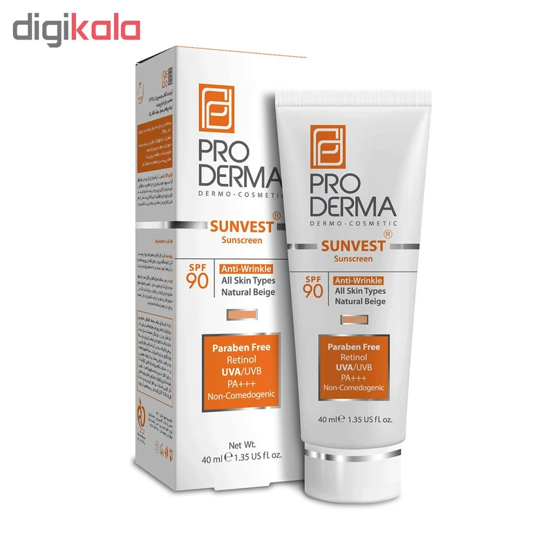 کرم ضد آفتاب رنگی پرودرما، SPF 90، مدل 90 Sunvest، مناسب انواع پوست  با تنالیته متوسط و حجم 40 میلی لیتر، ضدآب، فاقد پارابن، محافظت‌کننده در برابر  اشعه‌های UVA و UVB و غیر کومدون‌ - نمای 3