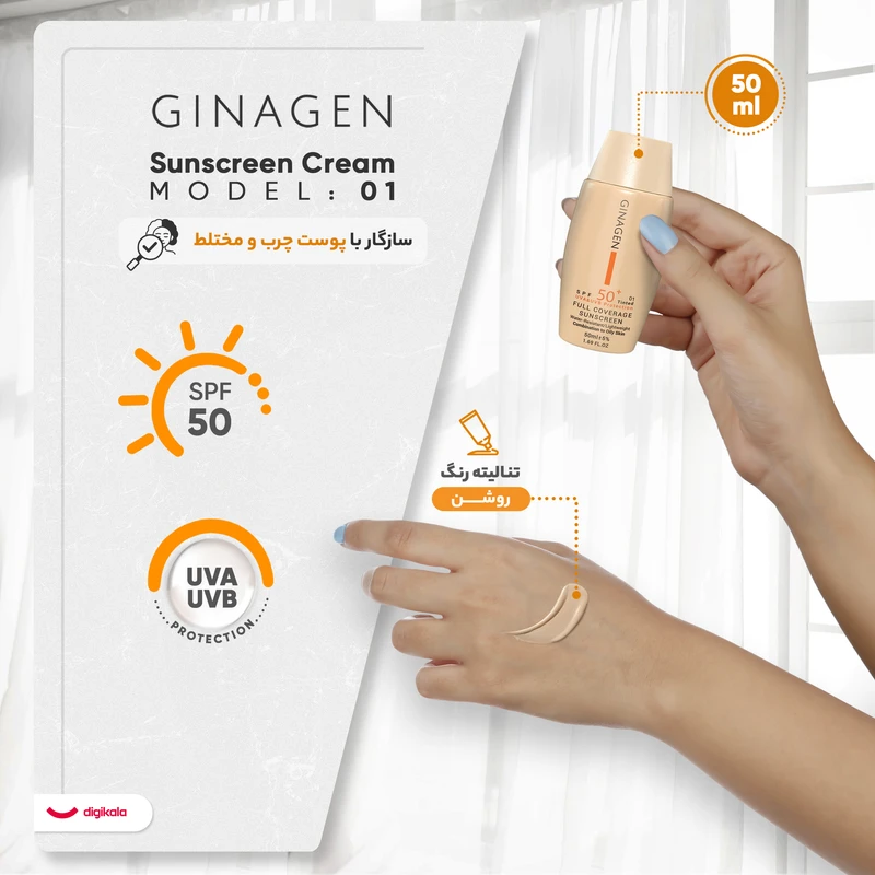 کرم ضد آفتاب رنگی ژیناژن، SPF 50، مدل 01، ‌مناسب پوست‌های چرب و مختلط با تنالیته روشن و حجم 50 میلی‌لیتر، ضد آب، محافظت‌کننده در برابر اشعه‌های UVA و UVB، ضد چروک، ضد لک و پیری، دا - نمای 4
