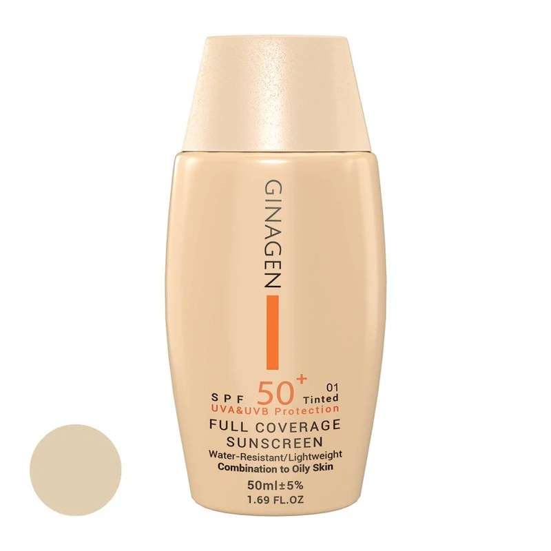کرم ضد آفتاب رنگی ژیناژن، SPF 50، مدل 01، ‌مناسب پوست‌های چرب و مختلط با تنالیته روشن و حجم 50 میلی‌لیتر، ضد آب، محافظت‌کننده در برابر اشعه‌های UVA و UVB، ضد چروک، ضد لک و پیری، دا - نمای 1