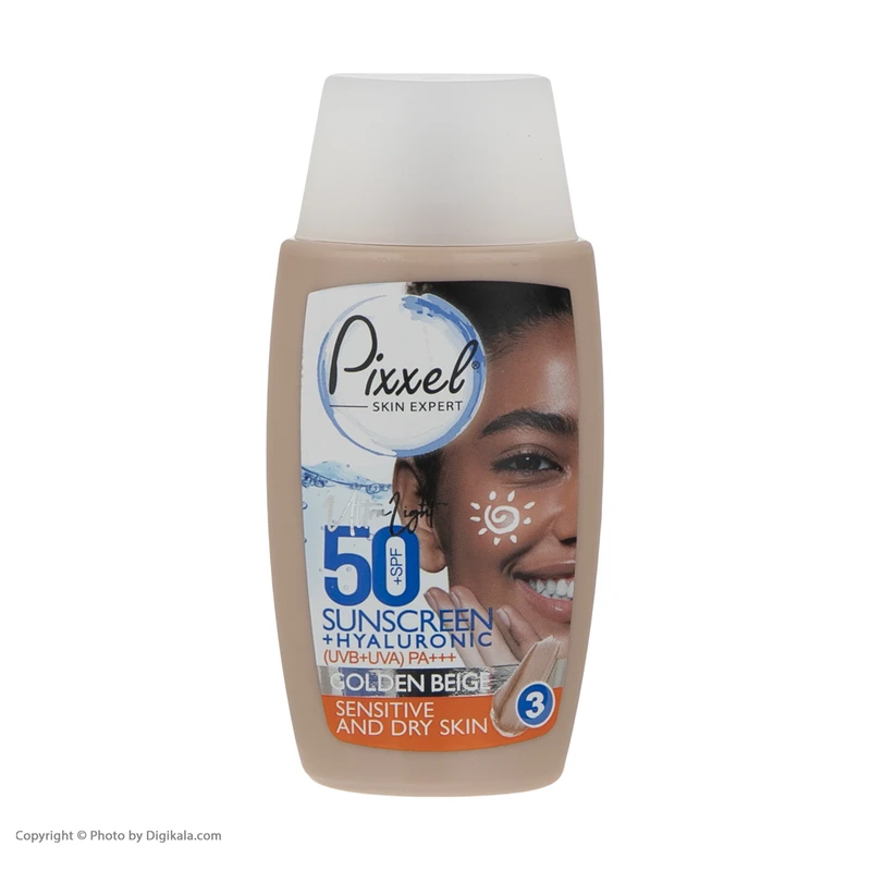 کرم ضد آفتاب رنگی پیکسل، 50 SPF، مدل GOLDEN BEIGE، مناسب پوست نرمال، خشک و حساس تنالیته رنگ تیره و حجم 50 میلی‌لیتر، محافظت کننده در برابر اشعه UVA و UVB، ضد حساسیت، +++ PA، آبرسان - نمای 5
