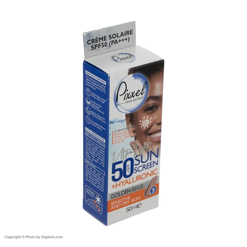 کرم ضد آفتاب رنگی پیکسل، 50 SPF، مدل GOLDEN BEIGE، مناسب پوست نرمال، خشک و حساس تنالیته رنگ تیره و حجم 50 میلی‌لیتر، محافظت کننده در برابر اشعه UVA و UVB، ضد حساسیت، +++ PA، آبرسان - نمای 4
