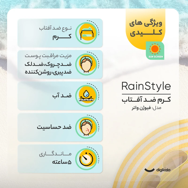 کرم ضدآفتاب رنگی رین استایل، SPF50، مدل فیوژن واتر، مناسب انواع پوست با تنالیته متوسط و حجم 70 میلی‌لیتر، ضد آب، محافظت‌کننده در برابر اشعه‌های UVA و UVB، غیر کومدون‌زا و فاقد پارا - نمای 2
