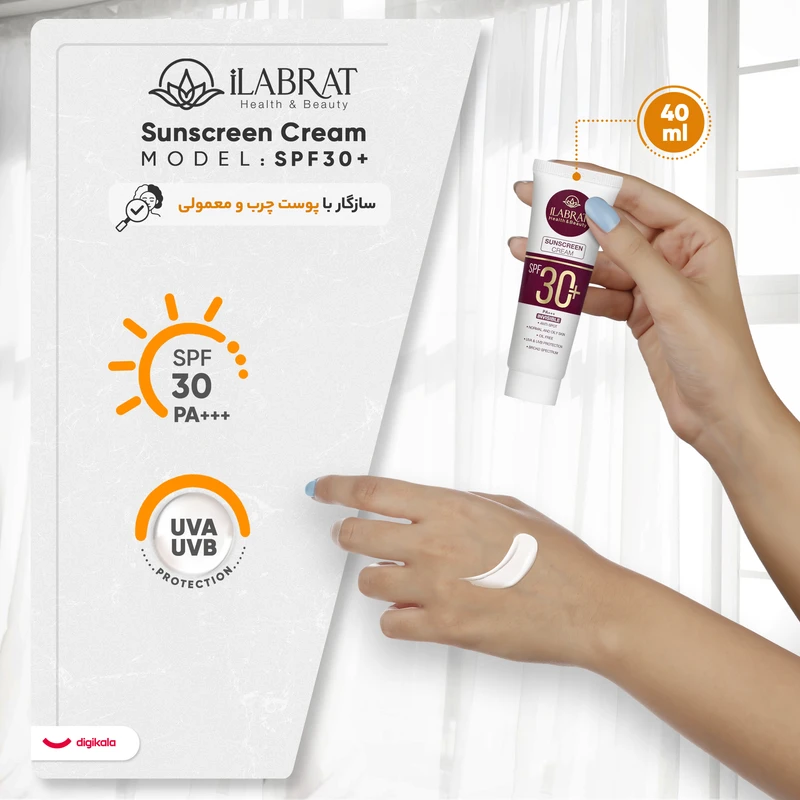 کرم ضدآفتاب بی‌رنگ ایلابرت، SPF 30، مدل ضد لک 30 پلاس، مناسب پوست‌های معمولی و چرب با حجم 40 میلی‌لیتر، محافظت‌کننده در برابر اشعه‌های UVA و PA ،UVB+++، ضد لک و پیری، دارای فرمولاس - نمای 2