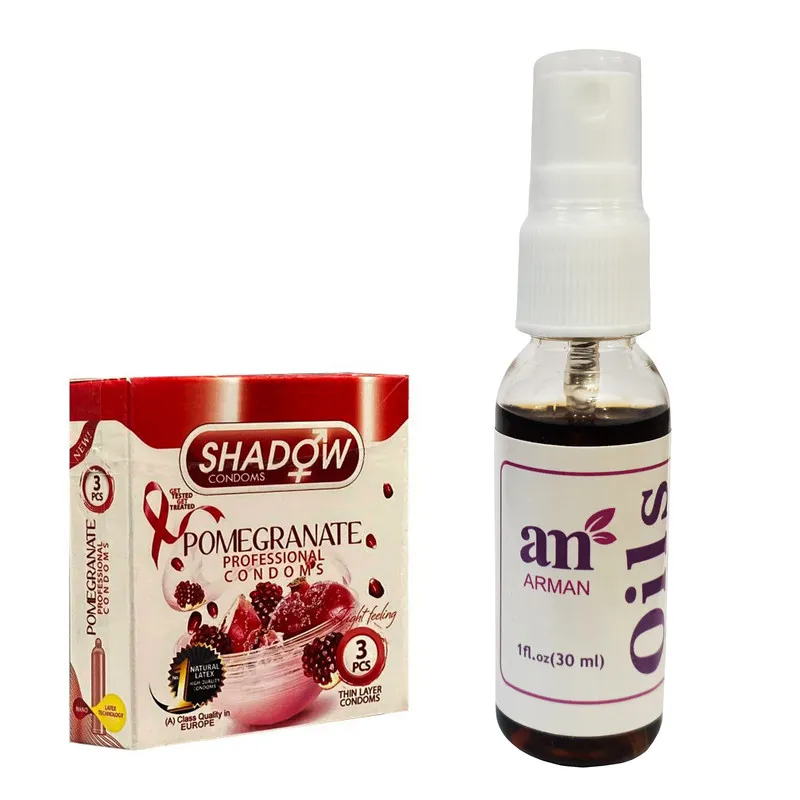 کاندوم شادو مدل تنگ کننده بسته 3 عددی به همراه روغن حجم دهنده آرمان مدل 001 حجم 30 میلی لیتر