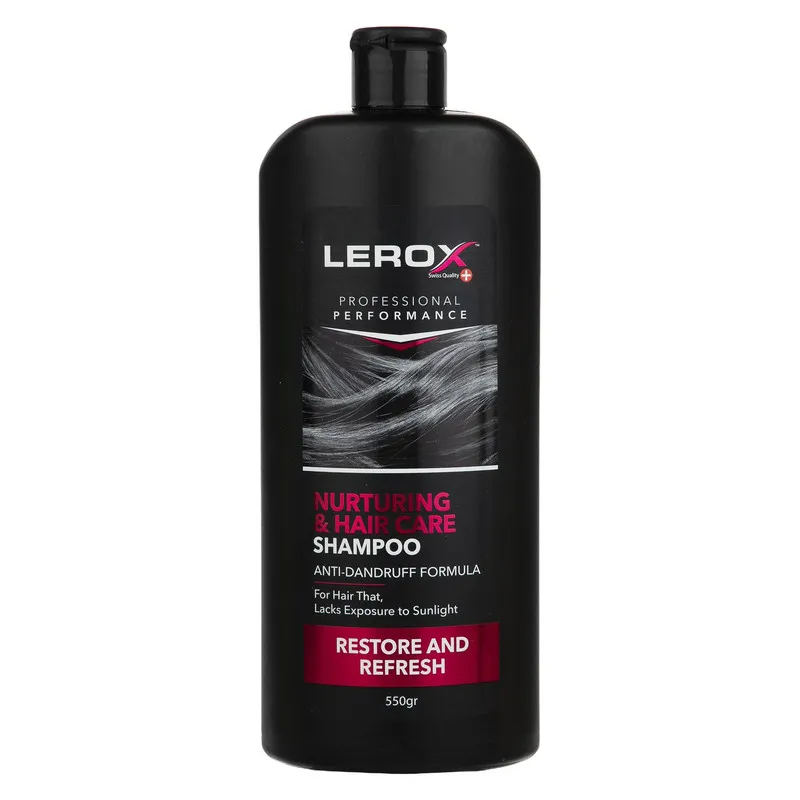 شامپو مو تقویتکننده مو لروکس مخصوص موهای آسیبدیده و خشک، وزن 550 گرم مدل Nurturing & Hair Care، ترمیمکننده، براقکننده، برطرفکننده وز مو، الکتریسیته مو و لطافتبخش با عصاره جلبک گالبنا