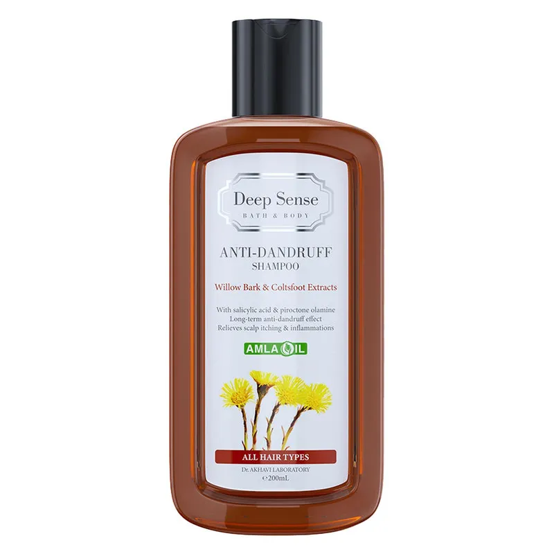 شامپو ضدشوره دیپ سنس مخصوص انواع مو، حجم 200 میلیلیتر مدل Willow Bark و Coltsfoot، حاوی اسید سالیسیلیک و پیروکتون اولامین، ضد خارش با عصاره آملا، بید و فارفارا