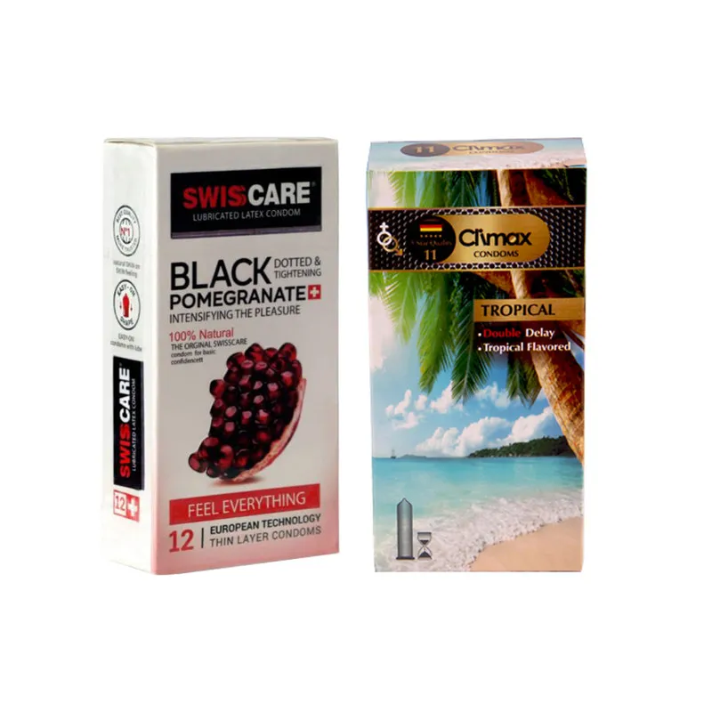 کاندوم سوئیس کر مدل BLACK POMEGRANATE بسته 12 عددی به همراه کاندوم کلایمکس مدل tropical بسته 12 عددی - تصویر 2
