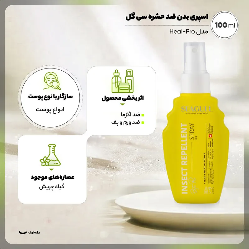 اسپری بدن ضد حشره سیگل مدل Heal-Pro حجم 100 میلیلیتر مناسب انواع پوست، حاوی اسید آمینه بتاآلامین، ضد اگزما، ضد ورم و پف، محافظت پوست بانوان و آقایان، ساخت ایران - تصویر 3