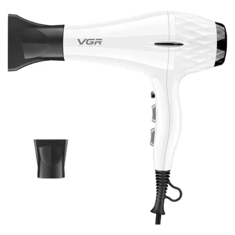 سشوار حرفه‌ای 2200 وات وی جی ار مدل V-413، موتور AC، وزن 802 گرم، المنت سرامیک تورمالین، دارای سری متمرکز‌کننده باریک، متمرکز‌کننده پهن با ویژگی صاف‌کنندگی، حجم‌دهندگی، با قابلیت باد سرد