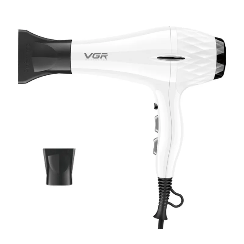 سشوار حرفه‌ای 2200 وات وی جی ار مدل V-413، موتور AC، وزن 802 گرم، المنت سرامیک تورمالین، دارای سری متمرکز‌کننده باریک، متمرکز‌کننده پهن با ویژگی صاف‌کنندگی، حجم‌دهندگی، با قابلیت باد سرد - تصویر 2