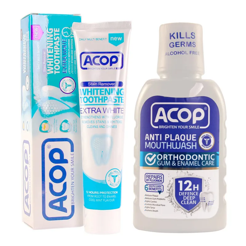 خمیر دندان آکوپ مدل سفید کننده حجم 90 میلی لیتر به همراه دهان شویه آکوپ مدل آنتی پلاک حجم 300 میلی لیتر