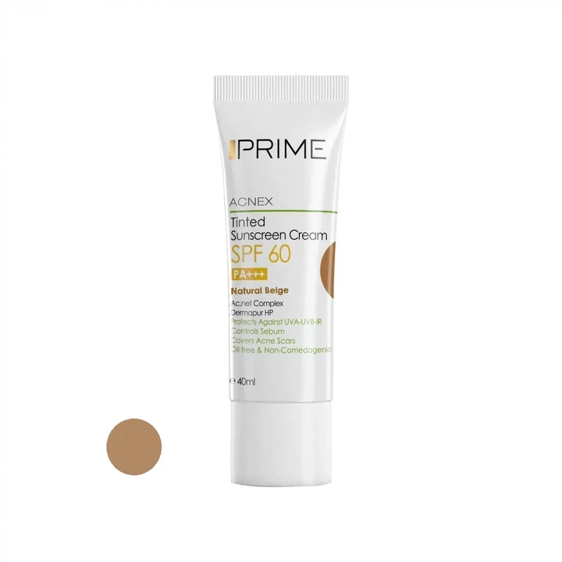 کرم ضدآفتاب رنگی پرایم، 60 SPF، مدل 02، مناسب پوست چرب و مختلط تنالیته رنگ متوسط و حجم 40 میلیلیتر، محافظت کننده در برابر اشعه UVA،IRو UVB، کنترل کننده ترشح سبوم، فاقد چربی و غیر - نمای 1