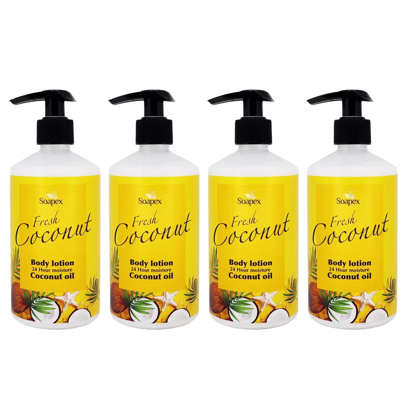 مجموعه 4 عددی لوسیون بدن سوپکس مدل Coconut oil حجم 350 میلیلیتر مرطوبکننده، ترمیمکننده بافتهای آسیبدیده، رفع خشکی و شفافکننده پوست، مناسب انواع پوست، حاوی روغن نارگیل و آلوئه ورا