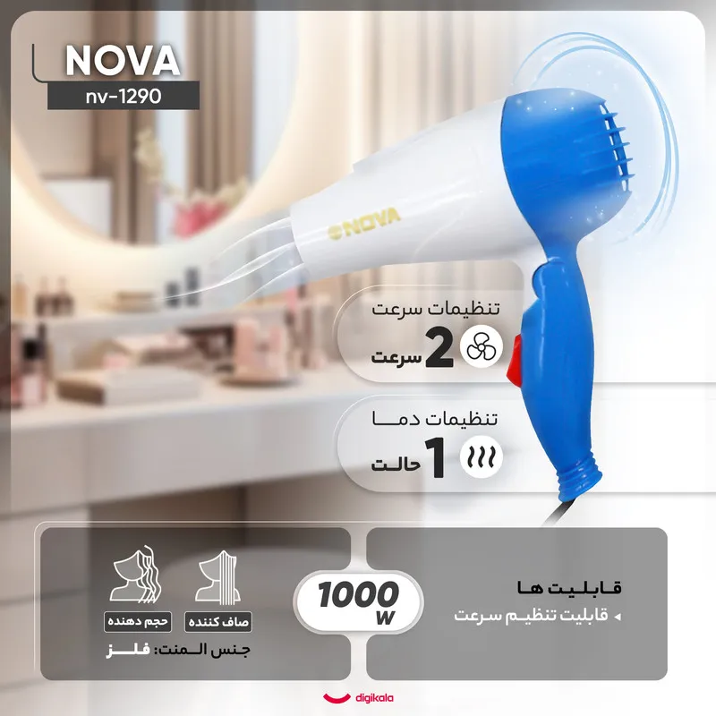 سشوار مسافرتی 1000 وات نوا مدل NV-1290، موتور AC، وزن 160 گرم، المنت فلز با ویژگی صافکنندگی، حجمدهندگی، با قابلیت باد سرد - تصویر 4