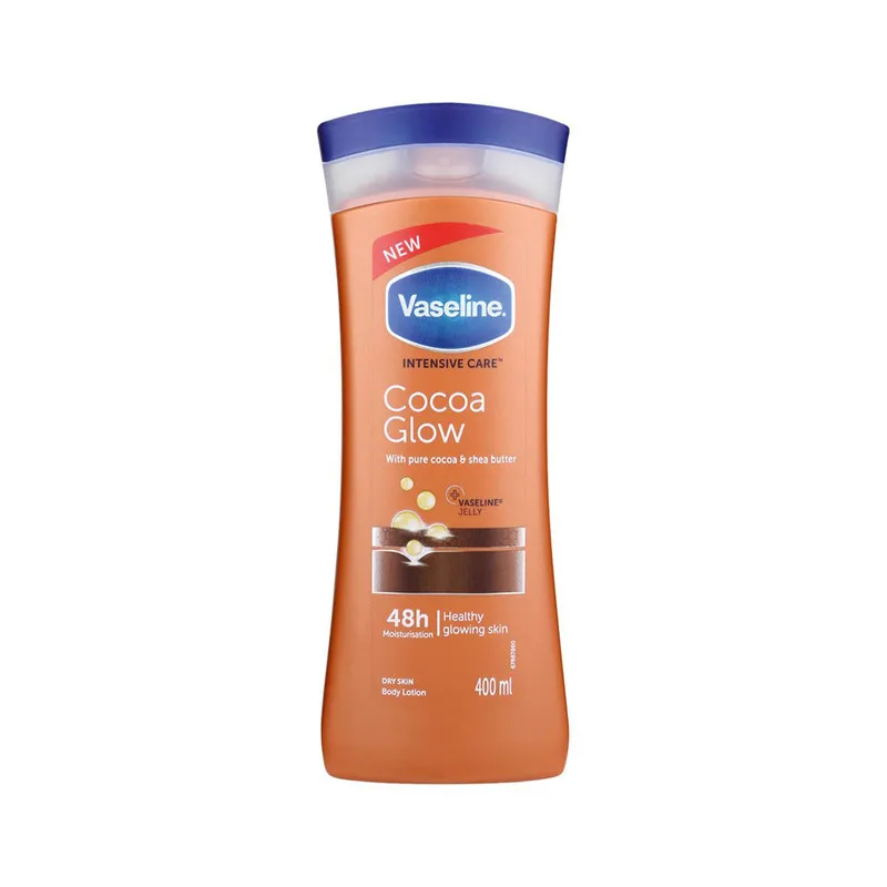 لوسیون بدن وازلین مدل Cocoa Glow حجم 400 میلیلیتر نرم کننده و آبرسان پوست خشک و حساس با عصاره کاکائو و شی باتر، حاوی ویتامین E، حفظ نرمی و لطافت پوست و جلوگیری از خشکی و خارش - تصویر 2