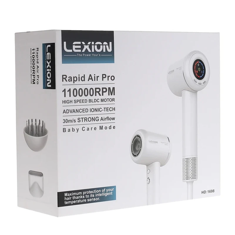 سشوار حرفه‌ای 1600 وات لکسیون مدل Rapid Air Pro HD:1698، موتور BLDC وزن 500 گرم، المنت فلز، دارای سری دیسپانسر، متمرکز‌کننده پهن با ویژگی صاف‌کنندگی، حجم‌دهندگی، با قابلیت عملکرد ت - نمای 5
