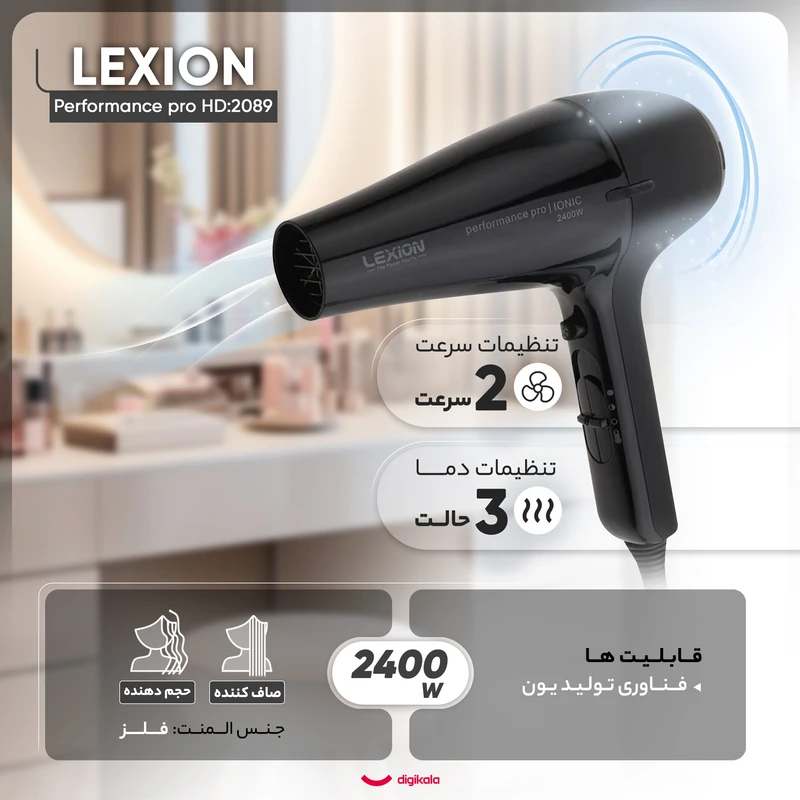 سشوار حرفهای 2400 وات لکسیون مدل Performance pro HD:2089، موتور AC، وزن 500 گرم، المنت فلز، دارای سری دیسپانسر، متمرکزکننده باریک، متمرکزکننده پهن با ویژگی صافکنندگی، حجمدهندگ - نمای 1