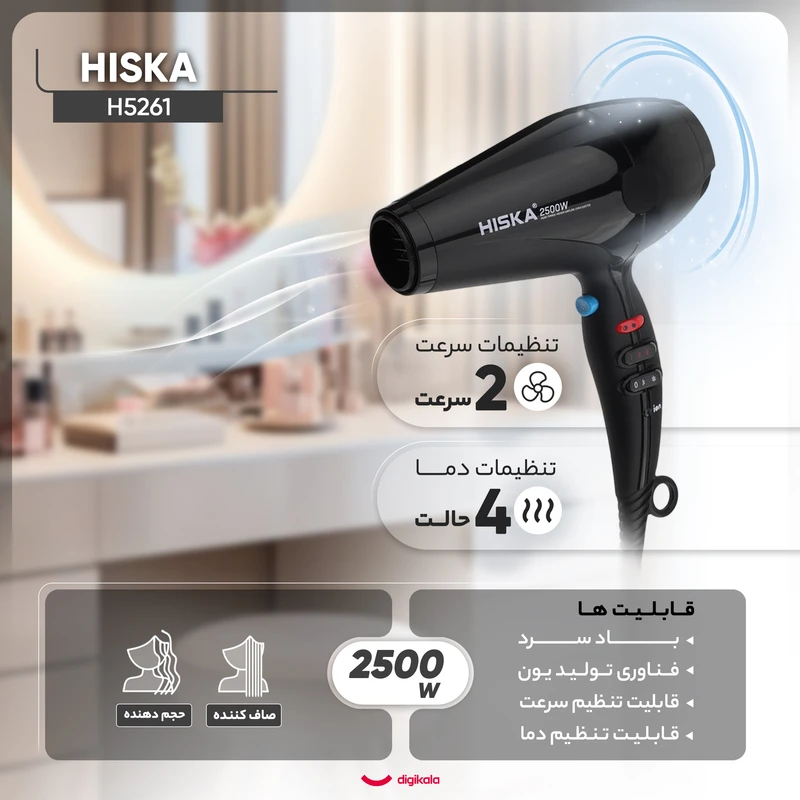 سشوار حرفه‌ای هیسکا مدل H5261، موتور AC با توان مصرفی 2500 وات، دارای قابلیت باد سرد، فناوری تولید یون، دارای حلقه آویختن، با حالت صاف‌کننده و حجم‌دهنده، وزن 1350 گرم، تنظیم حرارت  - نمای 4